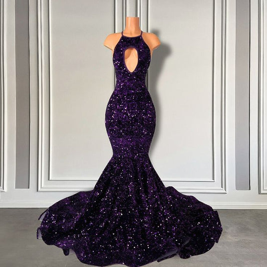 Sexy Mermaid Style Real Sample Cut Out Sparkly Purple Sequined Black Girls Elegant Long Prom Dresses S3869