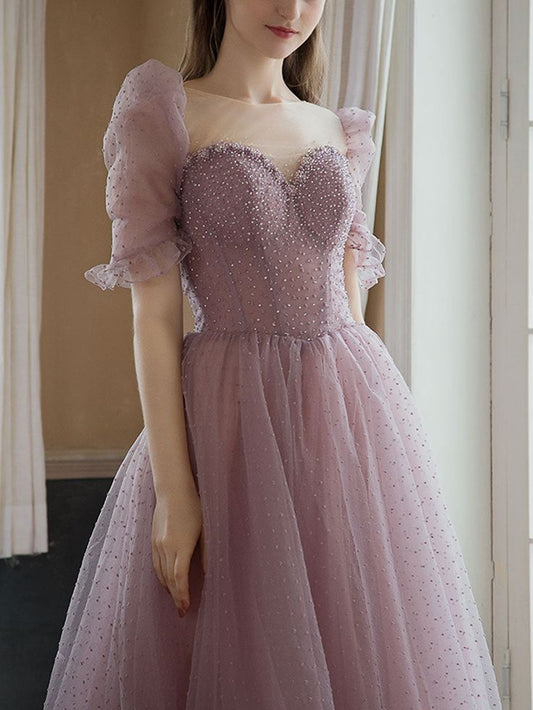 Sweetheart Tulle Beads Tea Length Pink Prom Dress, Tulle Homecoming Dress S3243