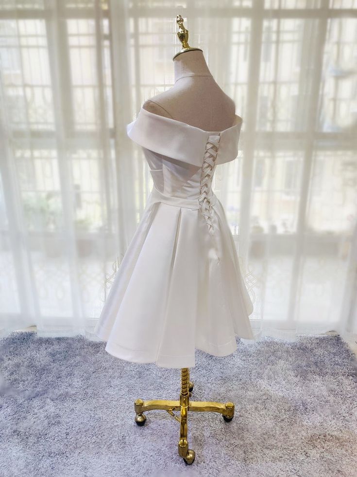 White Simple Satin Off Shoulder Knee Length Party Dress, Graduation Dress Prom Dress S2759