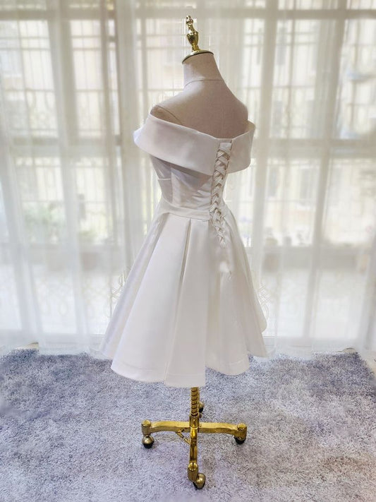 White Simple Satin Off Shoulder Knee Length Party Dress, Graduation Dress Prom Dress S2759