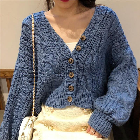 Autumn Winter Women's Cardigan Korean Style The Retro Solid Color V-neck Knitted Cardigan Loose Short Twist Sweater Coats S2778