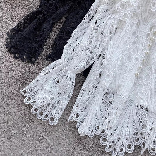 Elegant Lace Bell Sleeve Cardigan Ruffled Long Sleeve Top S4085
