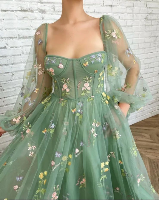 Floral dress,Fairy Prom Dresses Formal Party Puff Lantern Sleeve Tulle Homecoming Dress S2896