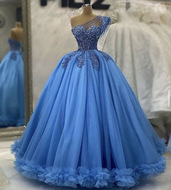 Blue Prom Dress Ball Gown Luxurious Evening Formal Party Gowns