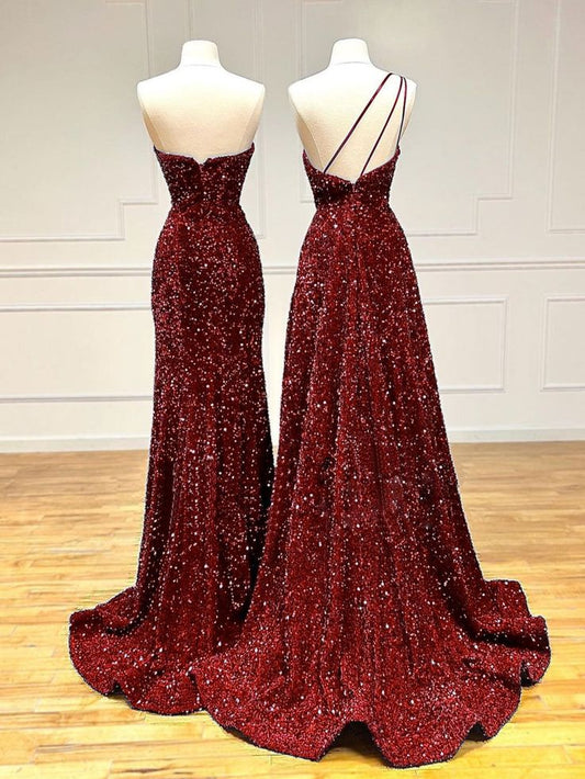Unique Velvet Sequin Mermaid Burgundy Long Prom Dress, Burgundy Formal Evening Dress S3572