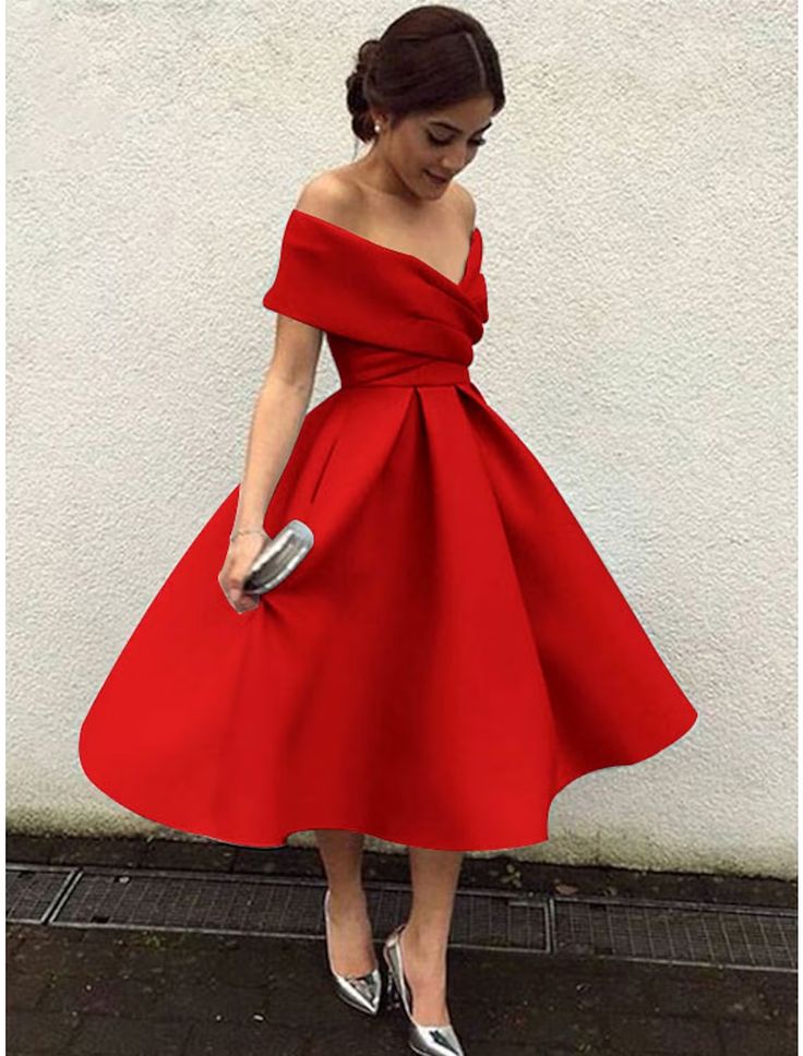A-Line Cocktail Dresses Party Dress Homecoming Tea Length Short Sleeve V Neck Stretch Fabric V Back with Pleats S2604