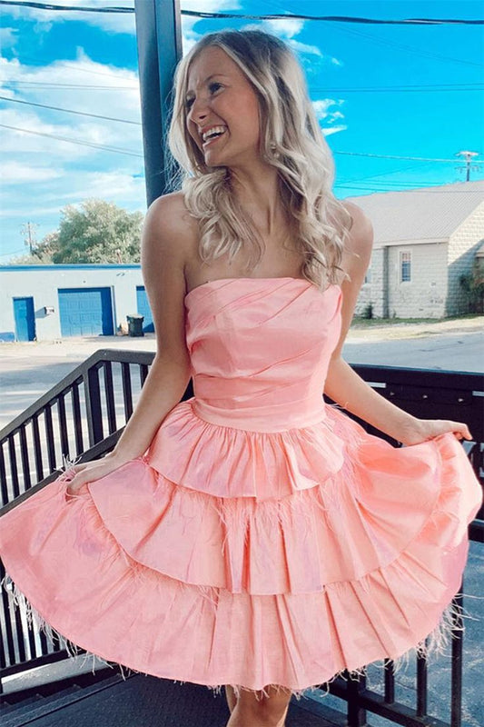Strapless Satin A-line Multi-Layers Homecoming Dress with Feathers S3086
