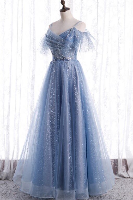 Blue A-line Long Formal Dress with Spaghetti Straps S3348