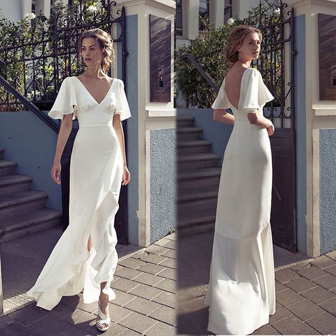 Open Back Beach Wedding Dress, V-neck Slit Wedding Gown S3373