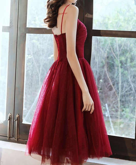 Simple Sweetheart Tulle Short Prom Dress, Burgundy Cocktail Dress S2934