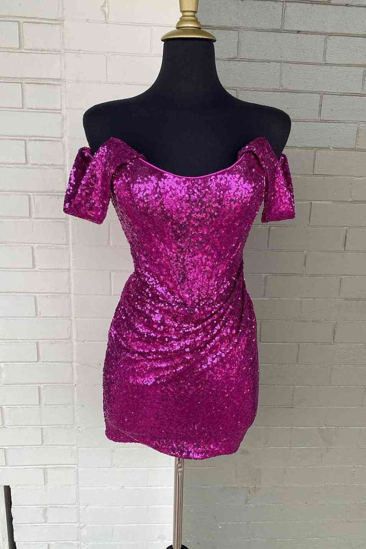 Fitted Off the Shoulder Fuchsia Sequined Mini Homecoming Dress S2895