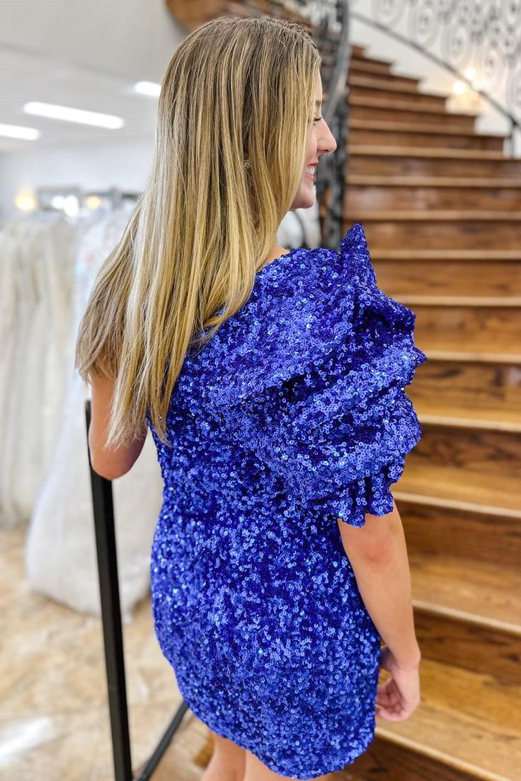 Royal Blue One Shoulder Puff Sleeve Sequins Sheath Homecoming Dress S3514