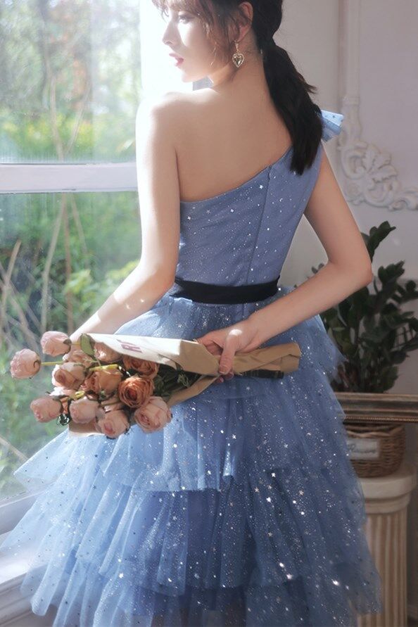 One Shoulder Princess Blue Short Party Dress S3234