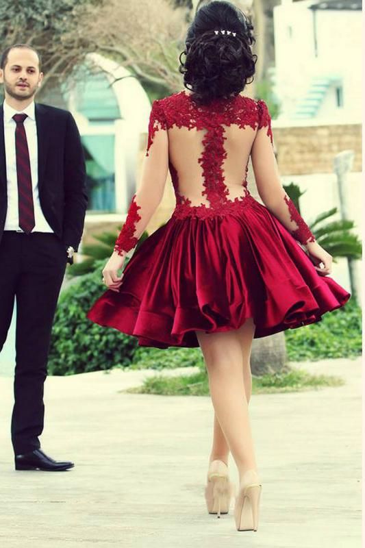 Short Ball Gown High Neckline with Long Sleeves Lace Dark Wine Red Backless Lace Prom Dress S3213
