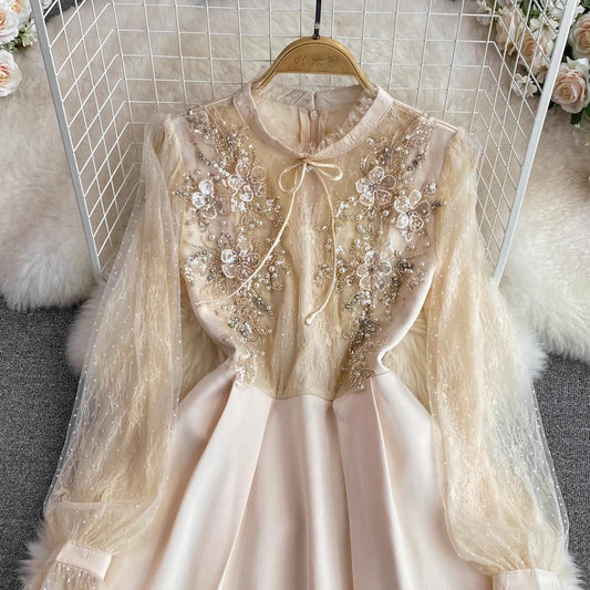 bubble long-sleeved mesh A-line dress S4259
