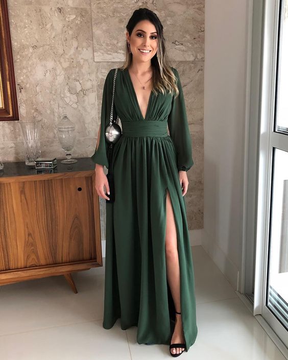 Long Sleeves Prom Dresses Deep V Neck Chiffon Formal Dresses for Women Split Evening Party Gwon S3863