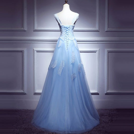 Lovely Light Blue Lace Applique Tulle Prom Dress, Blue Junior Party Dress Formal Dress S3346
