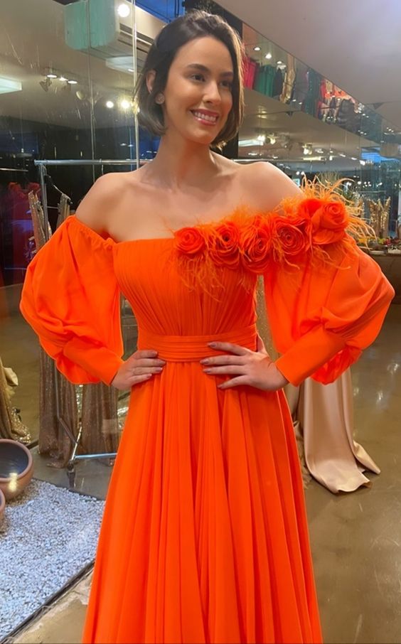 Orange A-Line Off The Shoulder Floor Length Long Prom Dress S3732