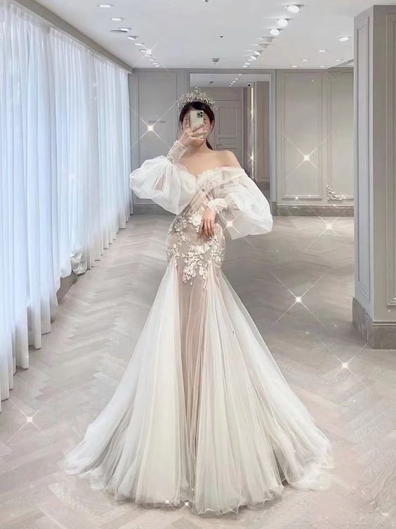 Popular Mermaid Lace Wedding Dresses, Bubble Sleeves Newest Bridal Gowns, Elegant Wedding Dresses S2572