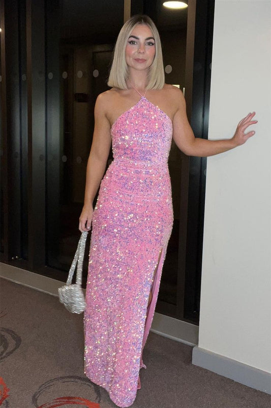 Pink Halter Sequins Straps Mermaid Long Prom Dress with Slit S2637