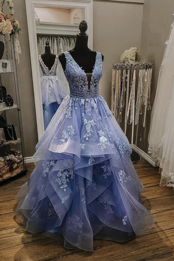 Blue Tulle Lace Applique Long Prom Dress Custom A Line Evening Gown S3835