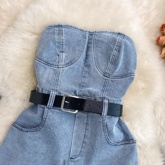 denim jumpsuit new women's casual leg pants shorts S4247