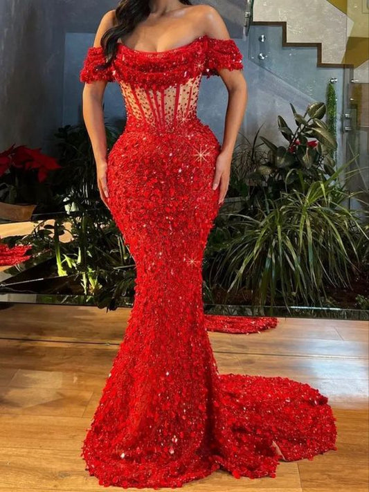 Red Mermaid Formal Evening Dresses Long Prom Dresses S3810