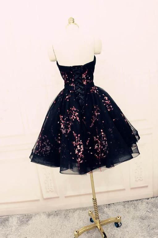 Black Cute Sweetheart Tulle Formal Dresses, Puffy Strapless Appliqued Homecoming Dress S3298