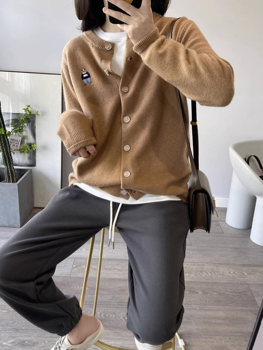 embroidered bear knitted cardigan for women spring and autumn new style round neck sweater jacket S3382