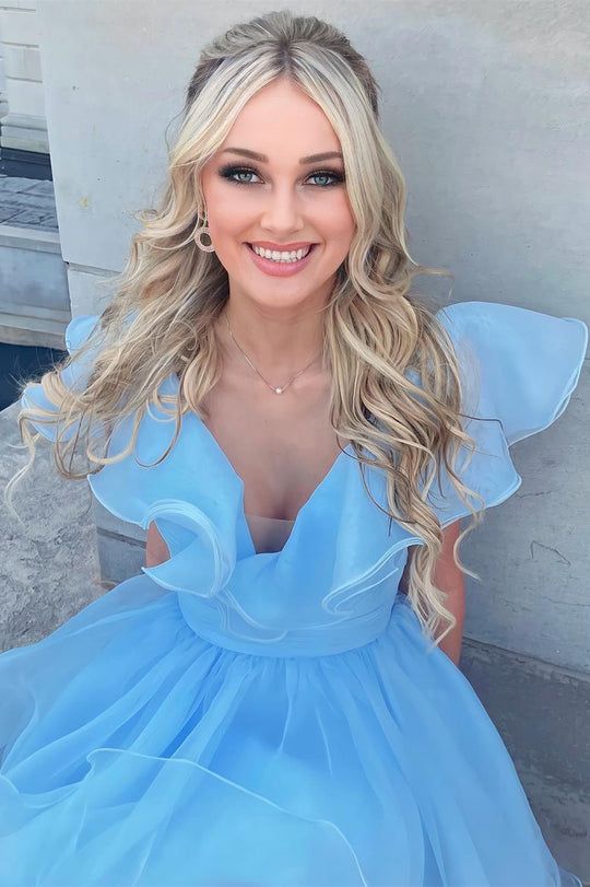 A Line V Neck Organza Ruffles Homecoming Dress S3062