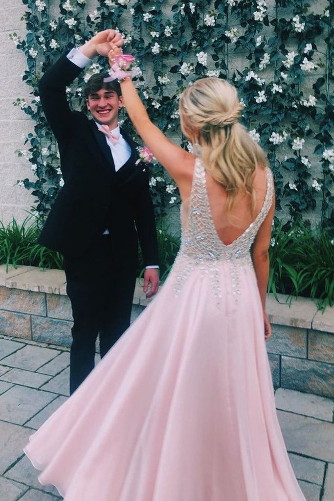 V-Back Beading Chiffon Long Prom Dress S3564