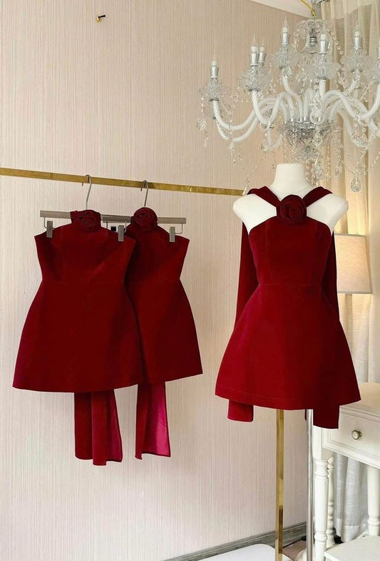Red halter neck waist A-line slim short skirt homecoming dress R2893