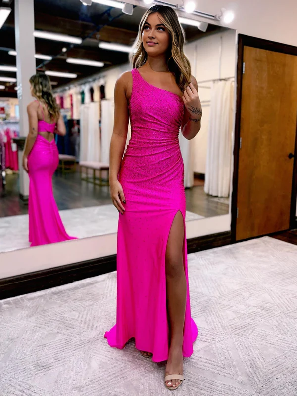omberprom Mermaid Evening Dress One Shoulder Beaded Jersey Prom Dress with Slit