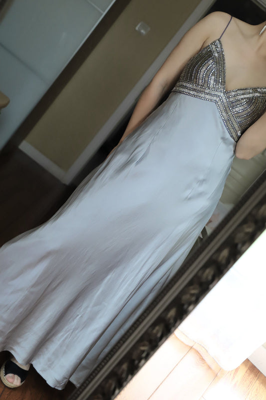 Vintage Silver-Gray Spaghetti Strap V-Neck Beaded Satin Long Prom Dress Evening Dress P4705