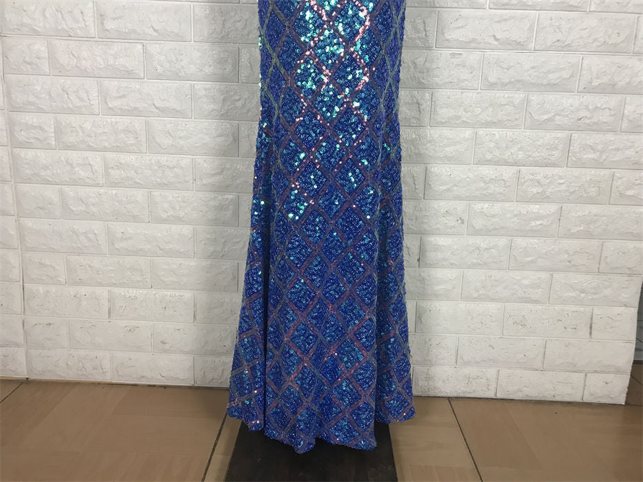 Sparkling Royal Blue Mermaid V-Neck Backless Sequin Long Prom Dress Evening Dress P4707