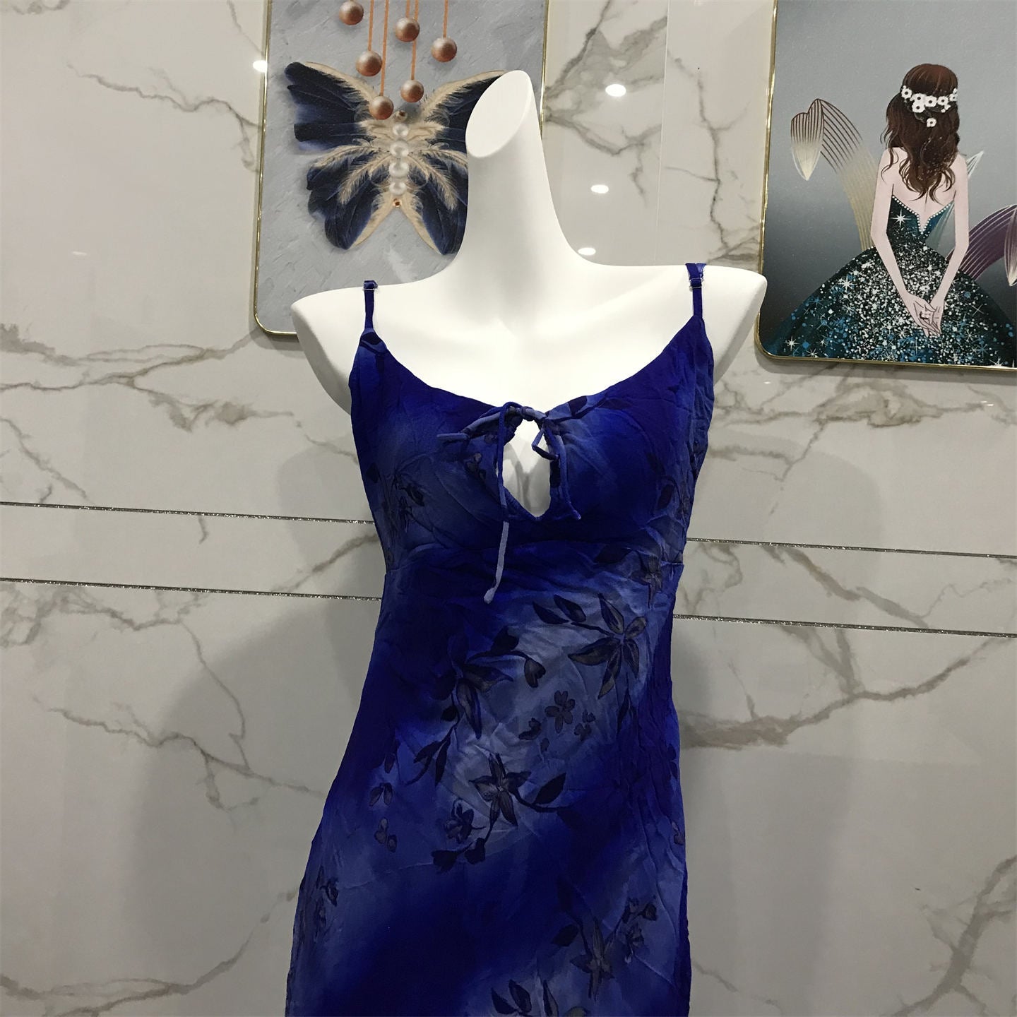 Chic Royal Blue Spaghetti Strap Printed Tie-Waist Chiffon Long Prom Dress Evening Dress P4708