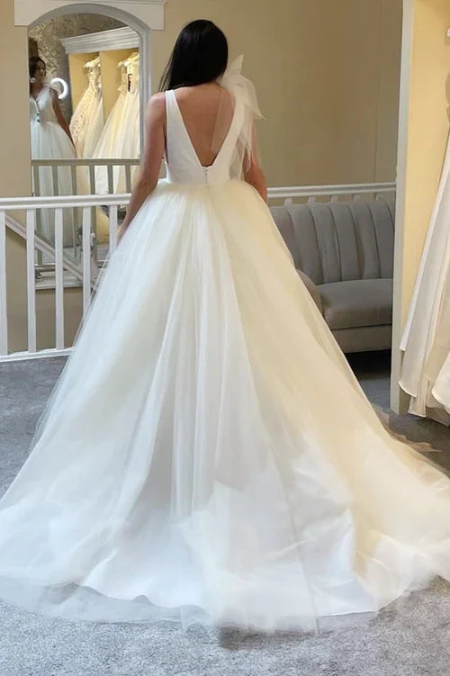 omberprom Elegant A-Line Tulle Plunge V Open Back Wedding Dress
