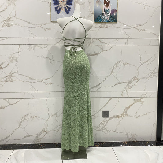 Elegant Avocado Green Halter V-Neck Mermaid Sequin Lace Long Prom Dress Evening Dress P4710