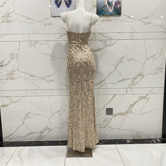 Vintage Champagne Gold Spaghetti Strap V-Neck Mermaid Sequin Long Prom Dress Evening Dress P4711