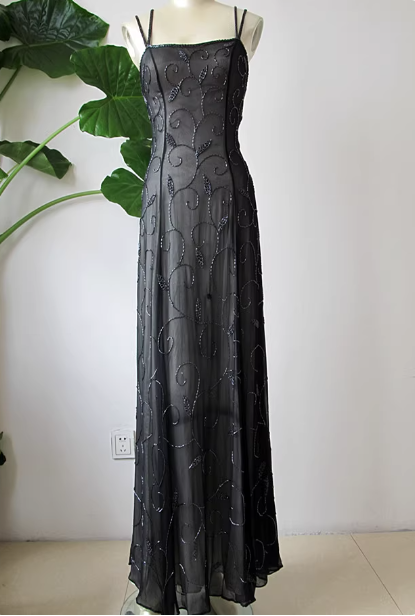 Vintage Black Spaghetti Strap Square Neck Cross-Back Beaded Chiffon Long Prom Dress Evening Dress P4715