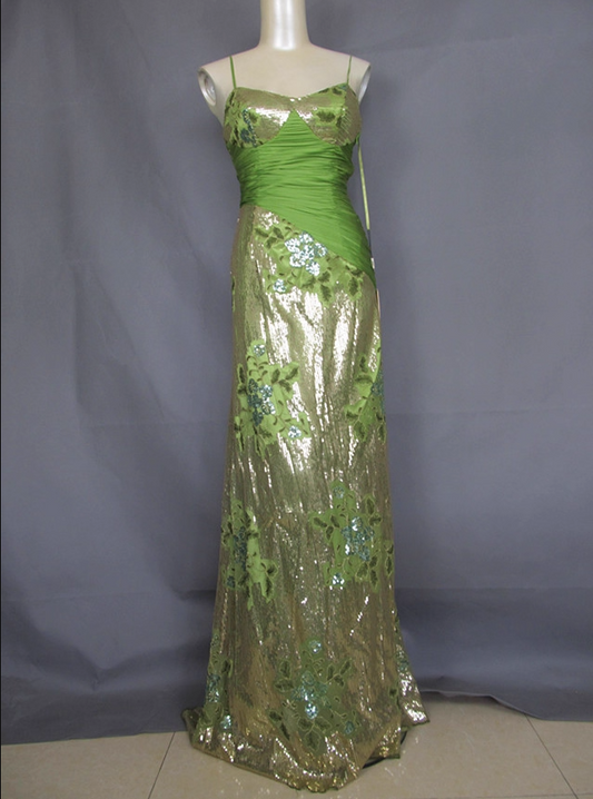 Vintage Avocado Green Gold Sequin Spaghetti Strap Pleated Long Prom Dress Evening Dress P4717