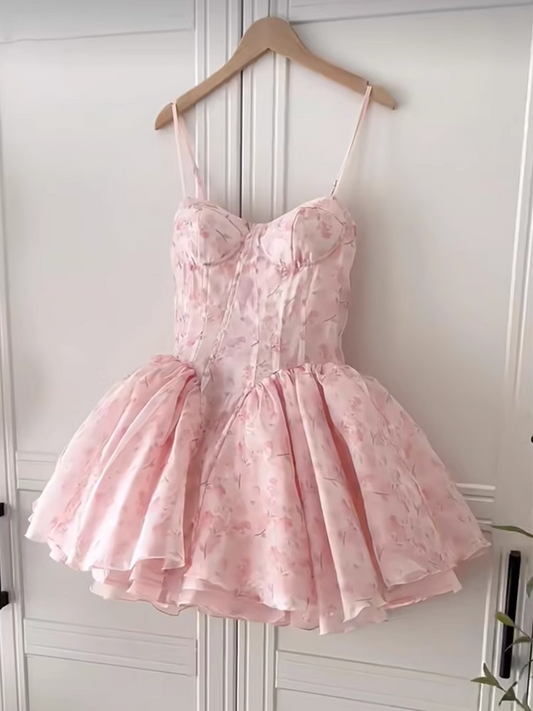Fashion Pink Sweetheart Floral Spaghetti Strap Design A-line Chiffon Party Dress Homecoming Dress TP3825