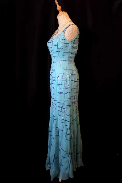 Elegant Blue Square Neck Sleeveless Mermaid Sequin Chiffon Long Prom Dress Evening Dress P4723