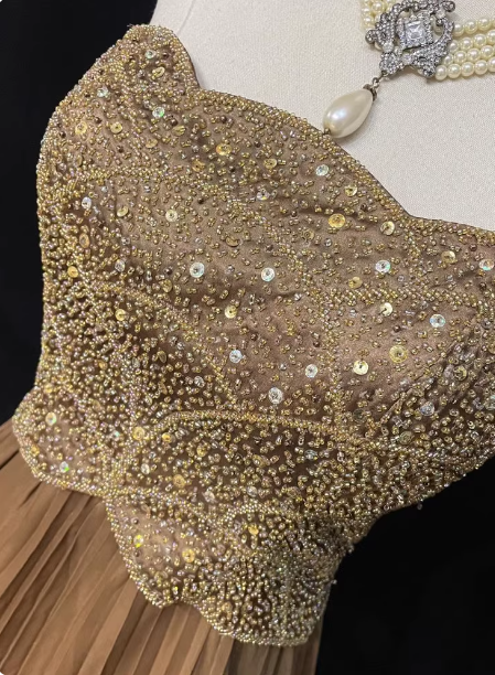 Elegant Champagne Gold Strapless A-Line Beaded Sequin Pleated Satin Train Prom Dress Evening Dress P4726