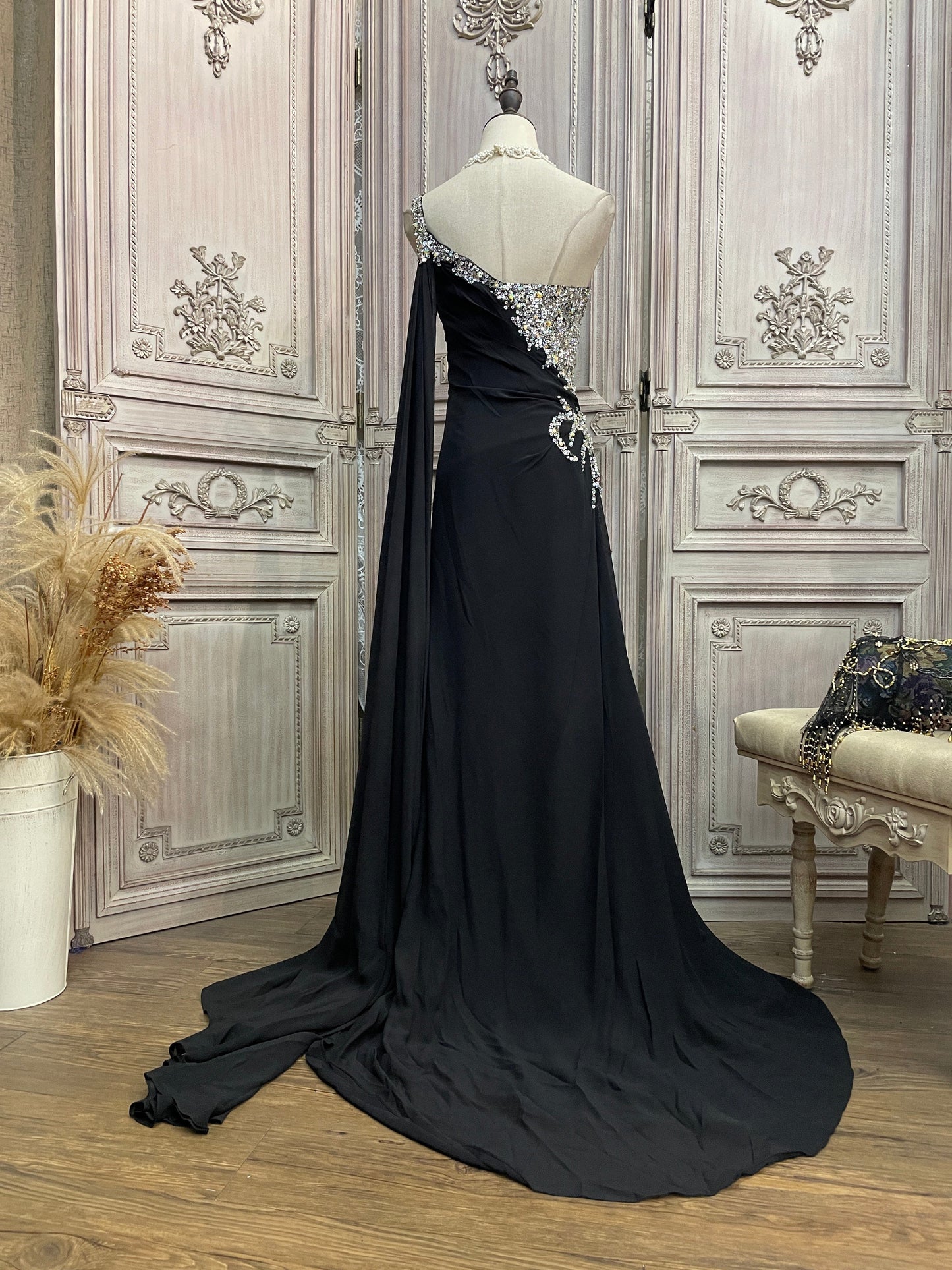 Elegant Black One-Shoulder Sequin Chiffon Train Prom Dress Evening Dress P4732