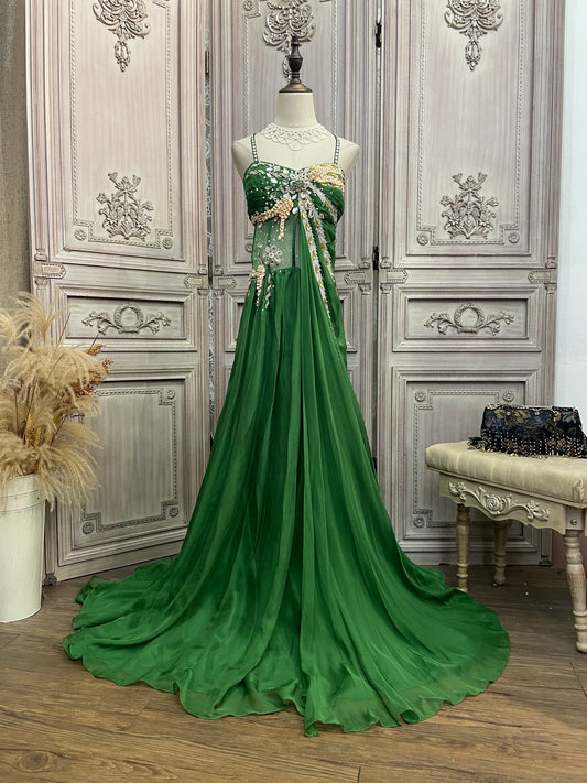 Gorgeous Green Spaghetti Strap Rhinestone Chiffon Train Prom Dress Evening Dress P4733