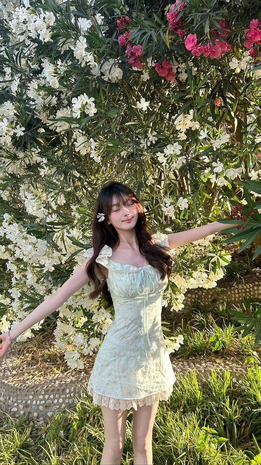 Light green floral lace trim slim and fresh A-line skirt homecoming dress R2525