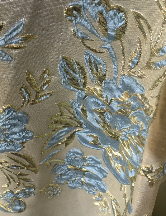 Vintage Luxury Silver Blue Jacquard Off-the-Shoulder Satin Long Prom Dress Evening Dress P4740