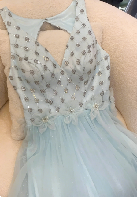 Dreamy Light Blue V-Neck Sequin Beaded Tulle Long Prom Dress Evening Dress P4742