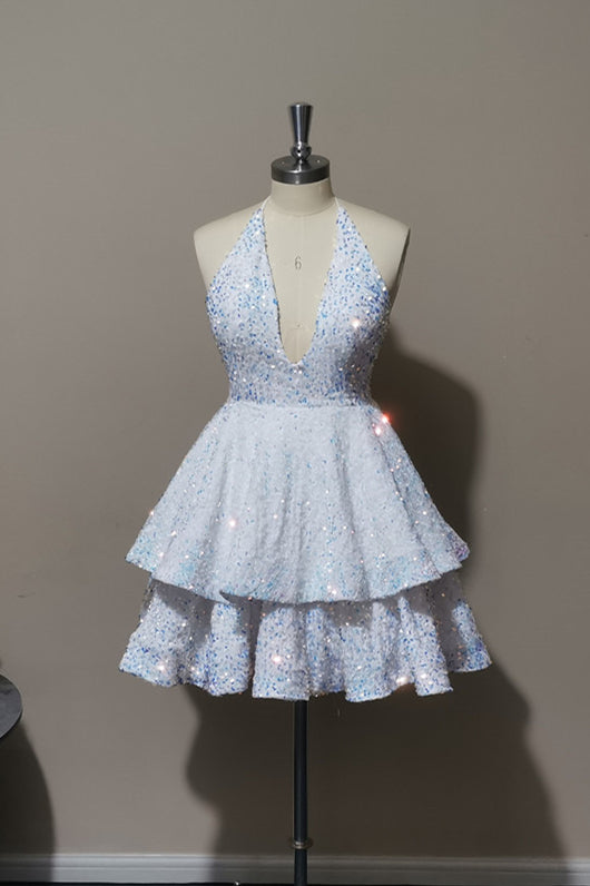 Tiered Halter Sequined Short Homecoming Dress S2236